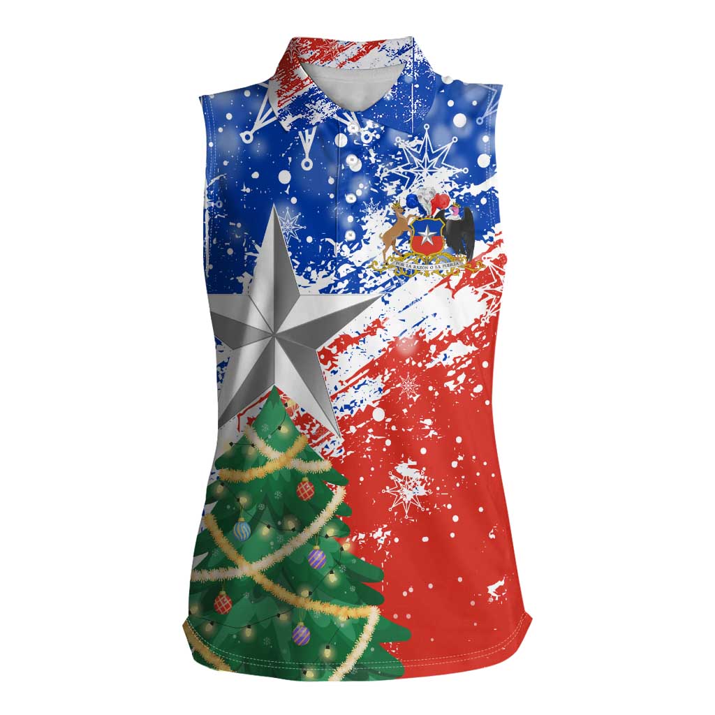 Chile Christmas Women Sleeveless Polo Shirt with Flag Colors Tree Reindeer Condor and Gift Design - Wonder Print Shop