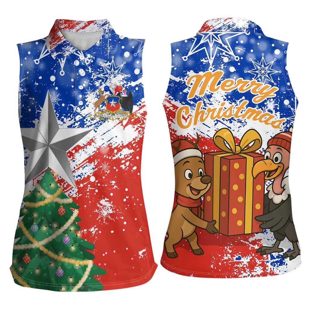 Chile Christmas Women Sleeveless Polo Shirt with Flag Colors Tree Reindeer Condor and Gift Design - Wonder Print Shop