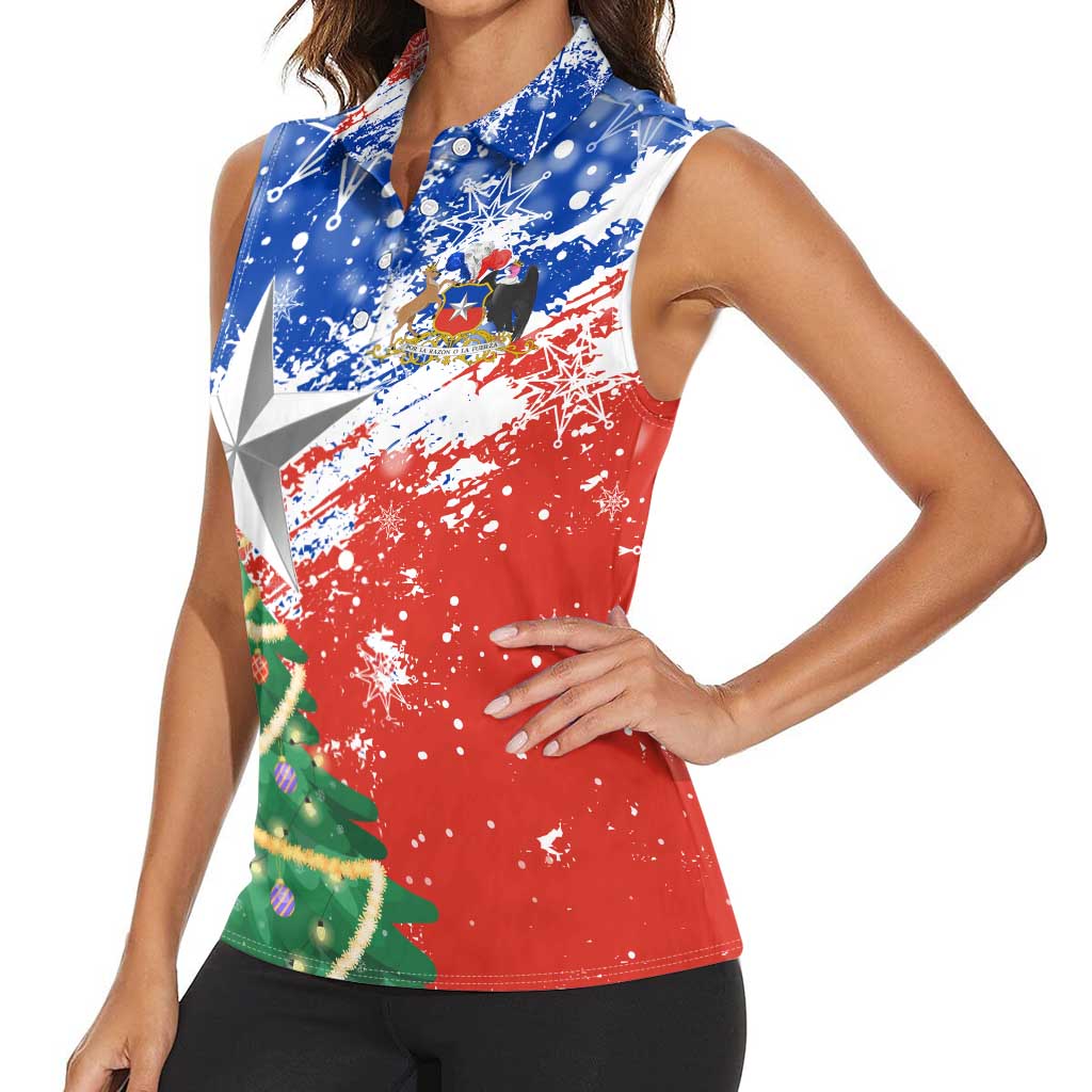 Chile Christmas Women Sleeveless Polo Shirt with Flag Colors Tree Reindeer Condor and Gift Design - Wonder Print Shop