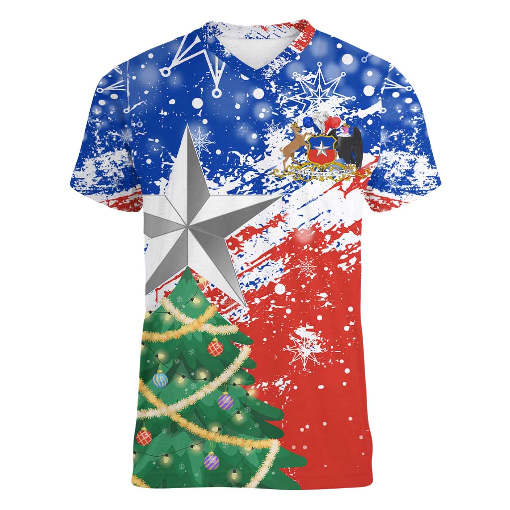 Chile Christmas Women V-Neck T-Shirt with Flag Colors Tree Reindeer Condor and Gift Design - Wonder Print Shop