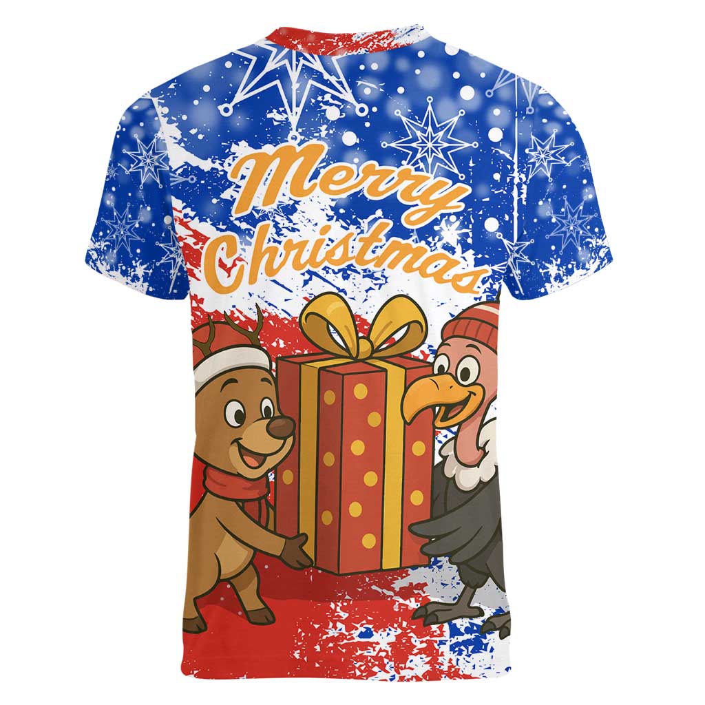 Chile Christmas Women V-Neck T-Shirt with Flag Colors Tree Reindeer Condor and Gift Design - Wonder Print Shop