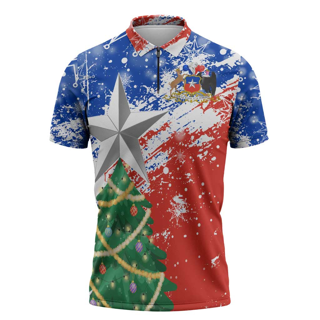 Chile Christmas Zipper Polo Shirt with Flag Colors Tree Reindeer Condor and Gift Design - Wonder Print Shop
