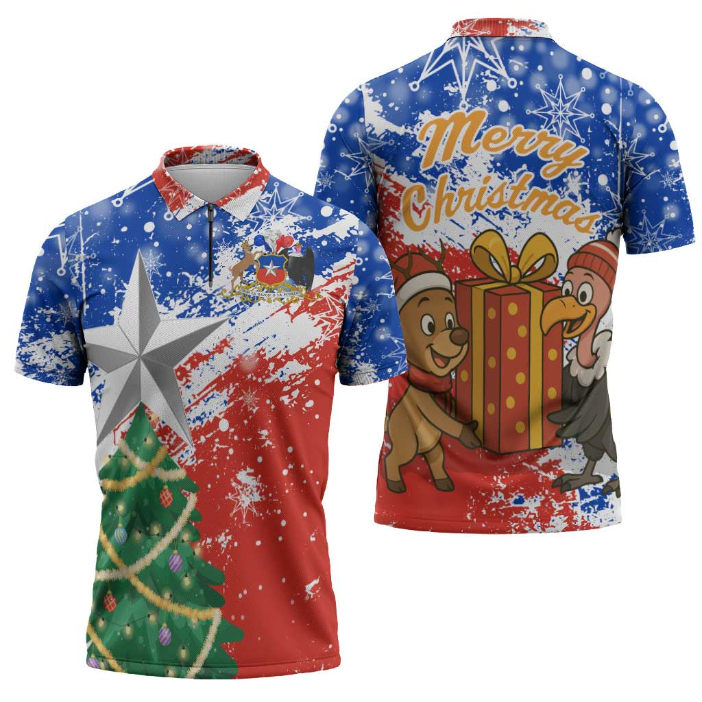 Chile Christmas Zipper Polo Shirt with Flag Colors Tree Reindeer Condor and Gift Design - Wonder Print Shop