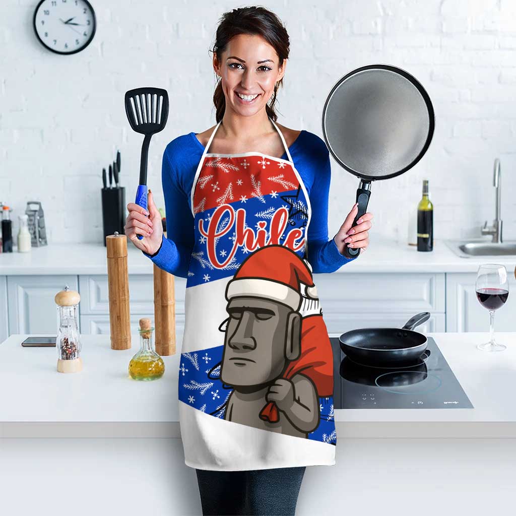Chile Christmas Apron with Moai Statues Santa Hats Snowflakes and Flag Colors Design - Wonder Print Shop