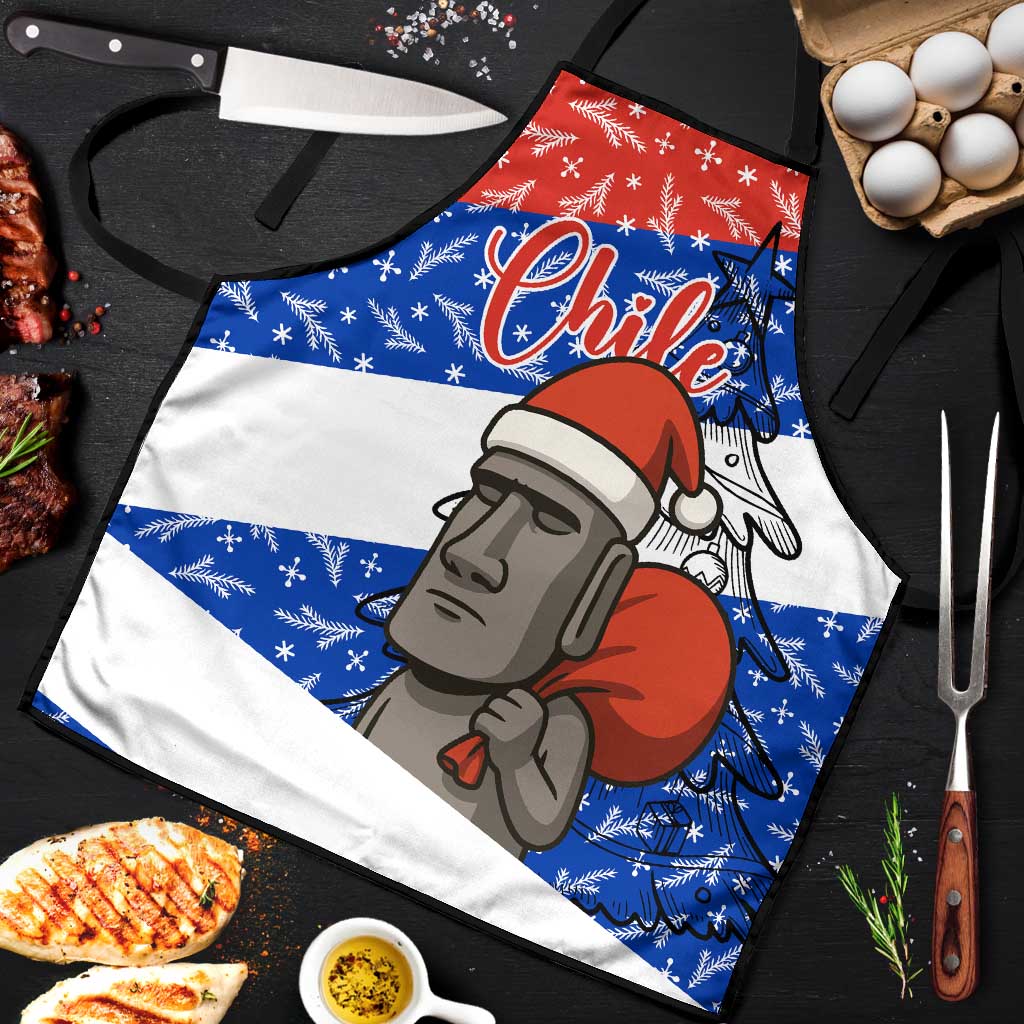 Chile Christmas Apron with Moai Statues Santa Hats Snowflakes and Flag Colors Design - Wonder Print Shop