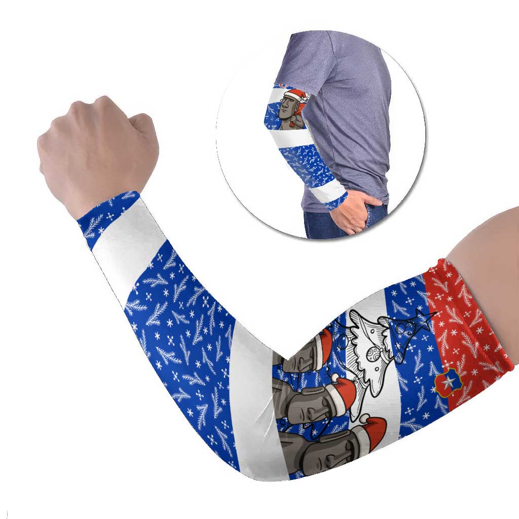 Chile Christmas Arm Sleeves with Moai Statues Santa Hats Snowflakes and Flag Colors Design - Wonder Print Shop