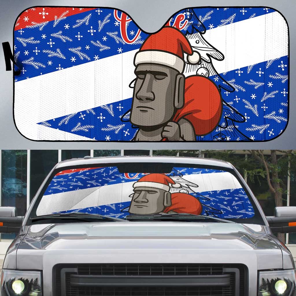 Chile Christmas Auto Sun Shade with Moai Statues Santa Hats Snowflakes and Flag Colors Design - Wonder Print Shop