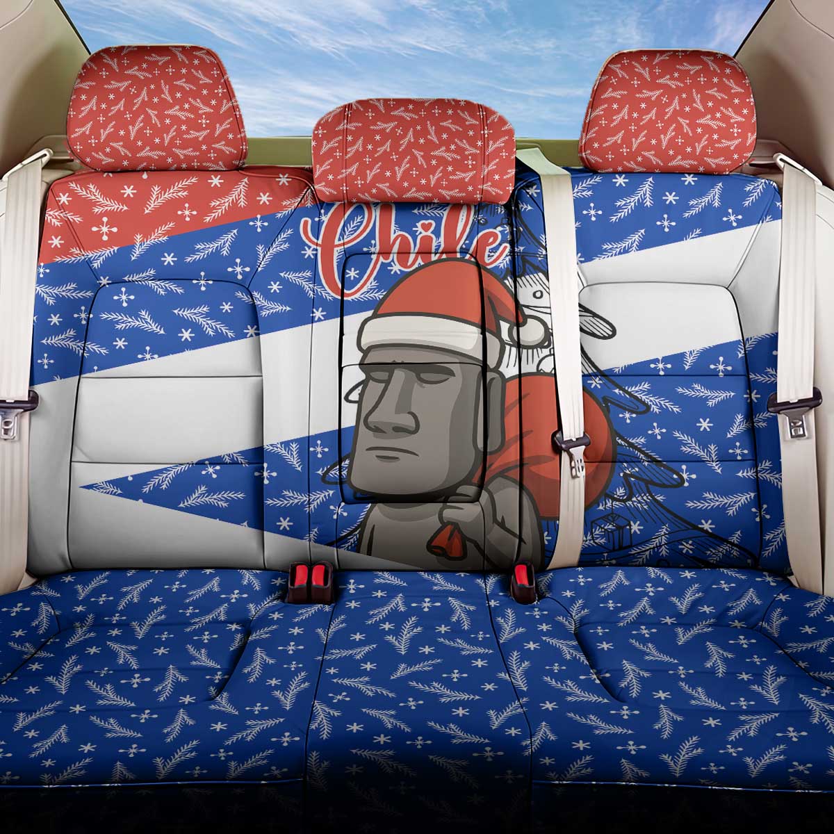 Chile Christmas Back Car Seat Cover with Moai Statues Santa Hats Snowflakes and Flag Colors Design - Wonder Print Shop