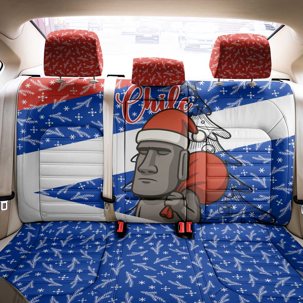 Chile Christmas Back Car Seat Cover with Moai Statues Santa Hats Snowflakes and Flag Colors Design - Wonder Print Shop