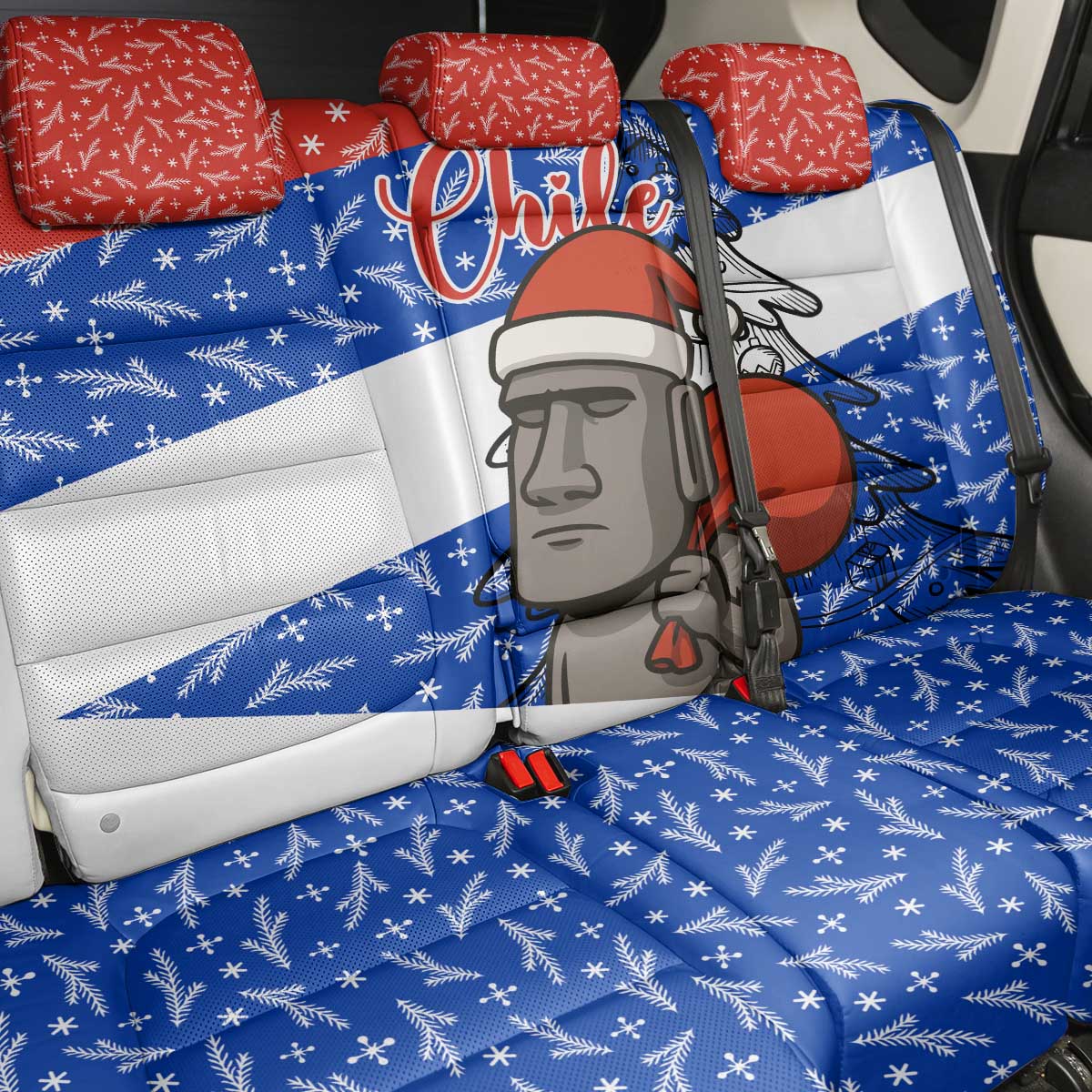Chile Christmas Back Car Seat Cover with Moai Statues Santa Hats Snowflakes and Flag Colors Design - Wonder Print Shop