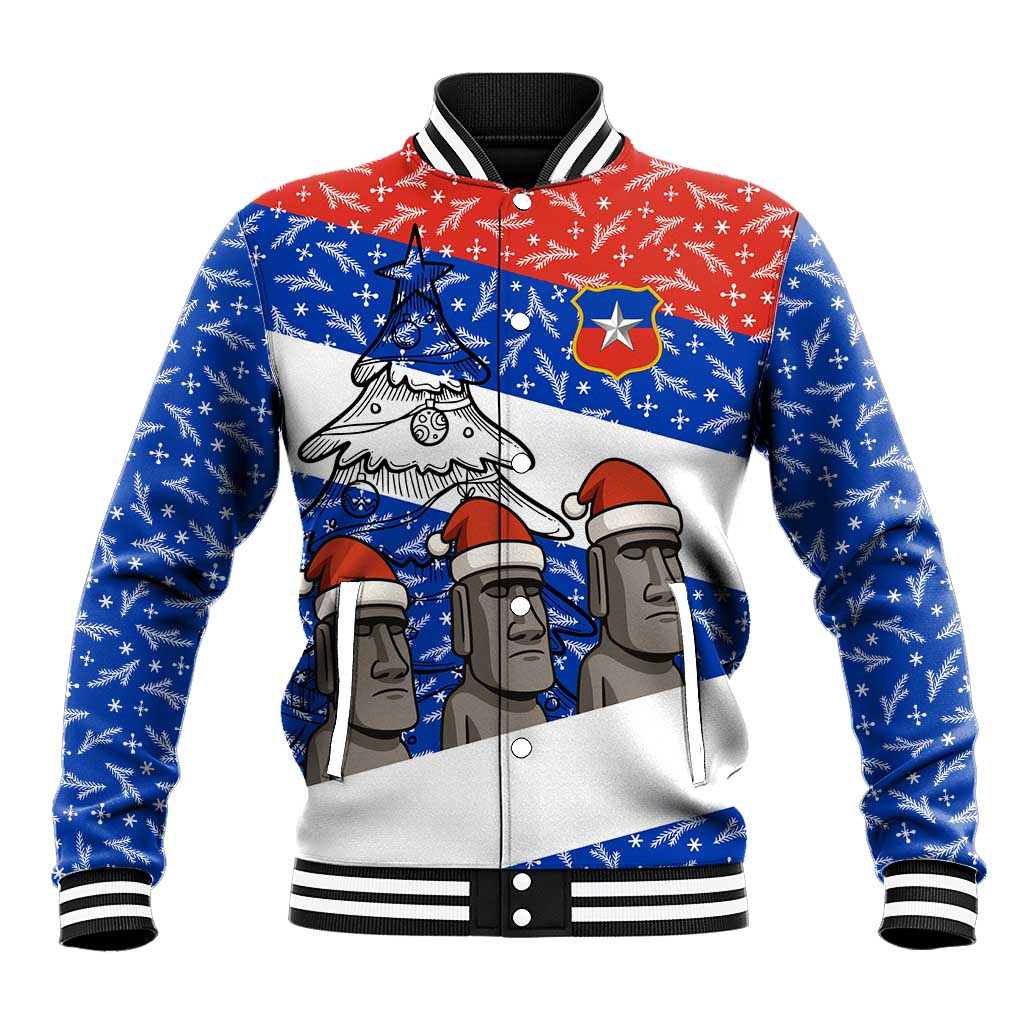 Chile Christmas Baseball Jacket with Moai Statues Santa Hats Snowflakes and Flag Colors Design - Wonder Print Shop