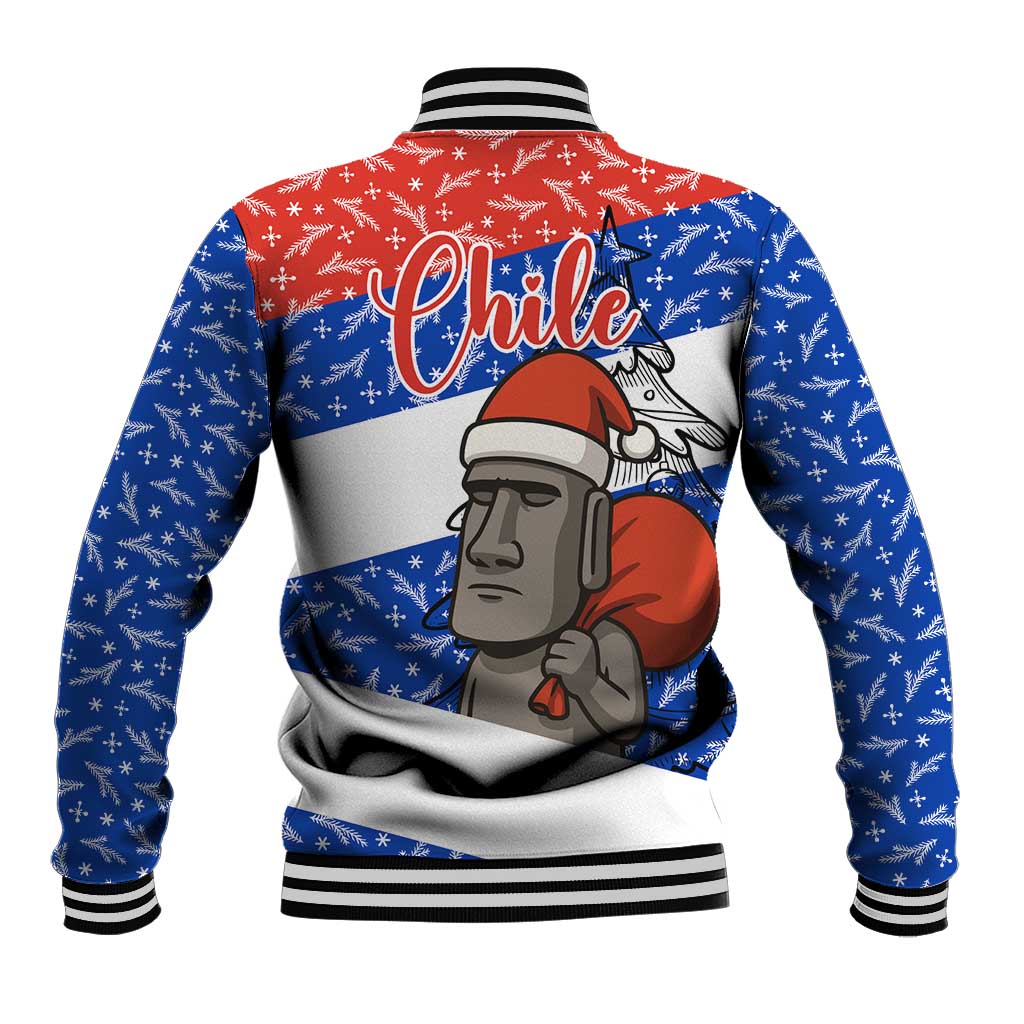 Chile Christmas Baseball Jacket with Moai Statues Santa Hats Snowflakes and Flag Colors Design - Wonder Print Shop