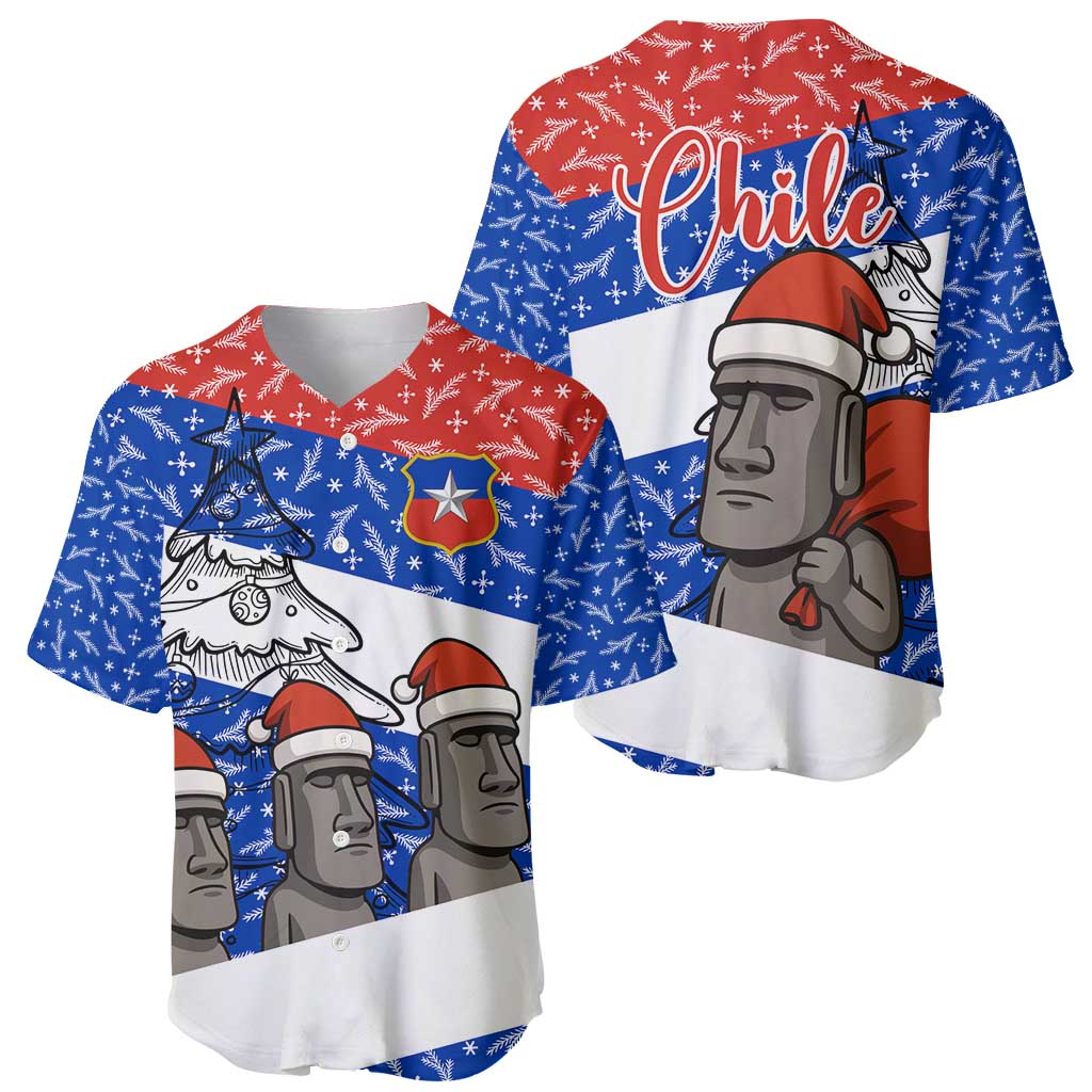Chile Christmas Baseball Jersey with Moai Statues Santa Hats Snowflakes and Flag Colors Design - Wonder Print Shop