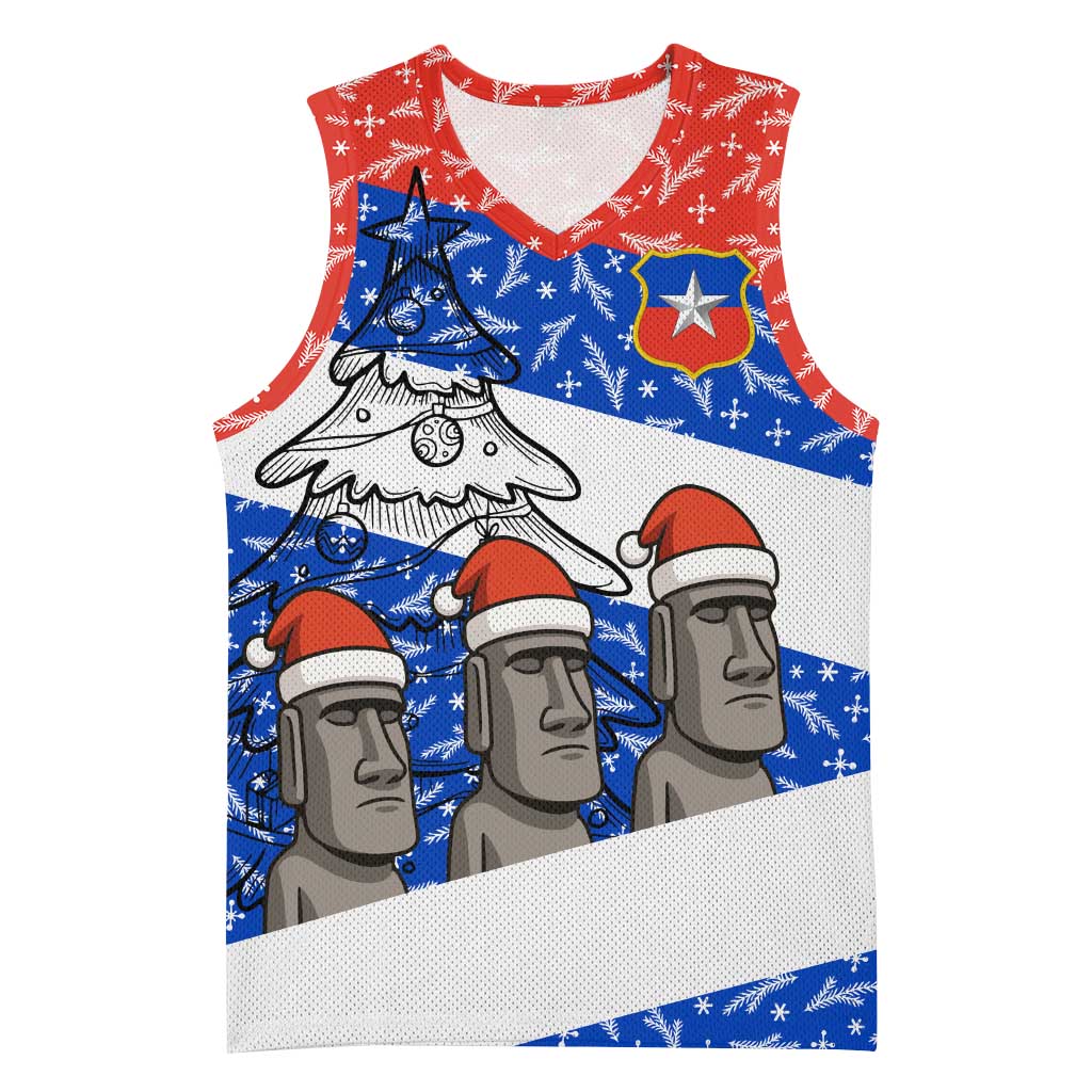 Chile Christmas Basketball Jersey with Moai Statues Santa Hats Snowflakes and Flag Colors Design - Wonder Print Shop