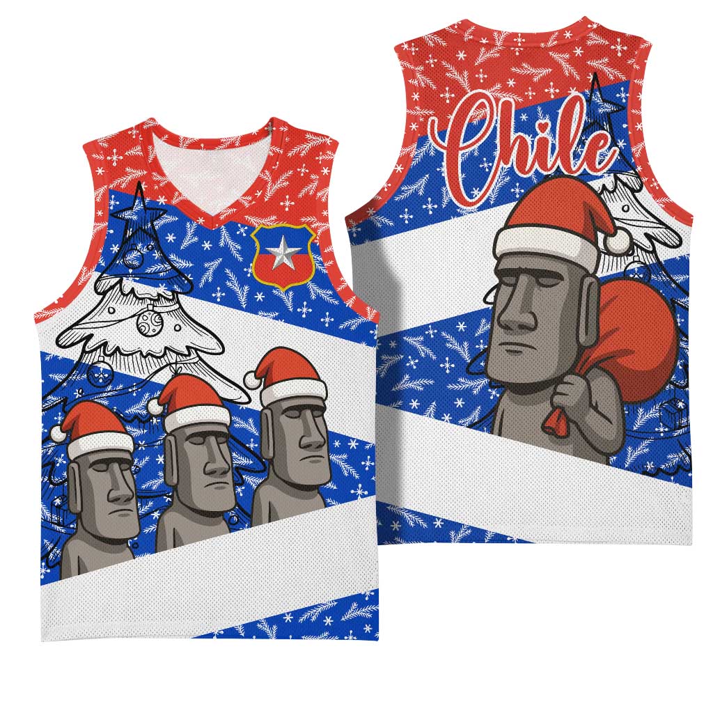 Chile Christmas Basketball Jersey with Moai Statues Santa Hats Snowflakes and Flag Colors Design - Wonder Print Shop