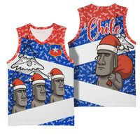 Chile Christmas Basketball Jersey with Moai Statues Santa Hats Snowflakes and Flag Colors Design - Wonder Print Shop