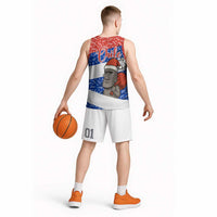 Chile Christmas Basketball Jersey with Moai Statues Santa Hats Snowflakes and Flag Colors Design - Wonder Print Shop