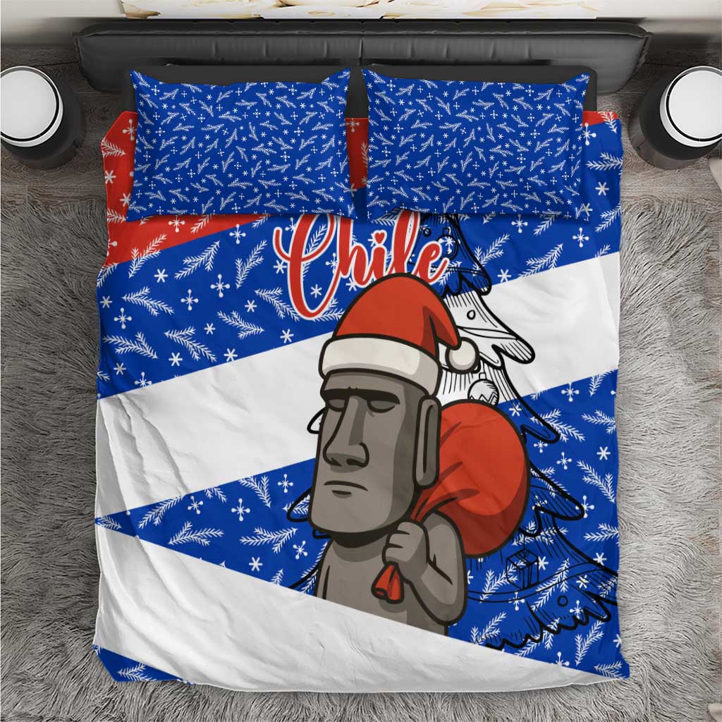 Chile Christmas Bedding Set with Moai Statues Santa Hats Snowflakes and Flag Colors Design - Wonder Print Shop