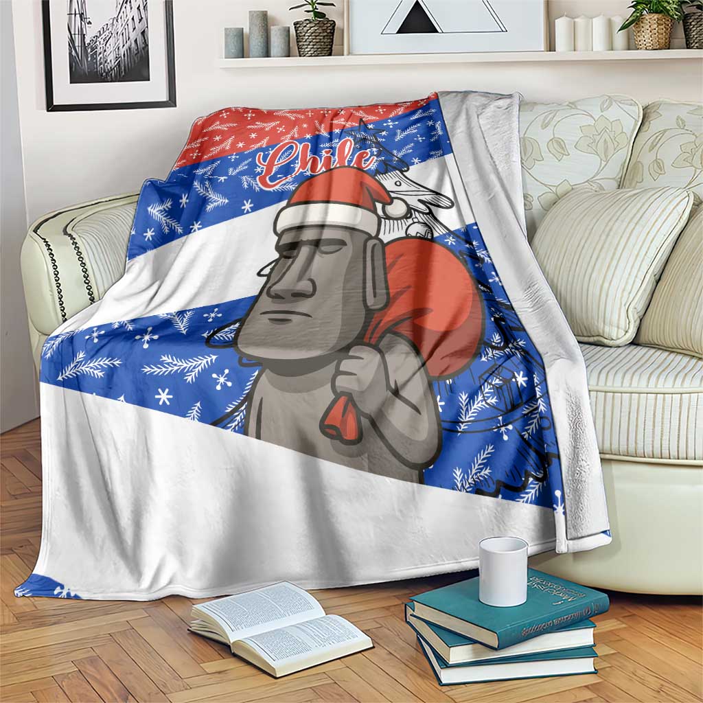 Chile Christmas Blanket with Moai Statues Santa Hats Snowflakes and Flag Colors Design - Wonder Print Shop