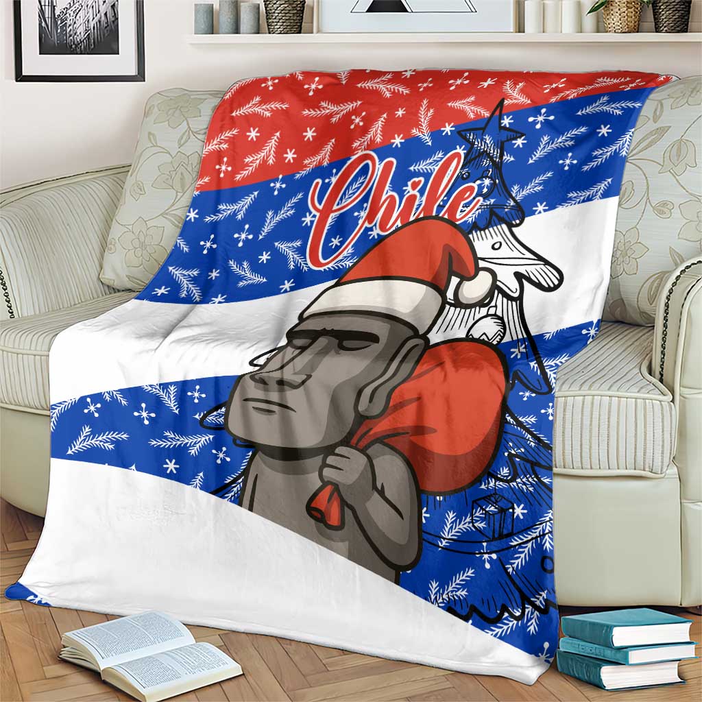 Chile Christmas Blanket with Moai Statues Santa Hats Snowflakes and Flag Colors Design - Wonder Print Shop