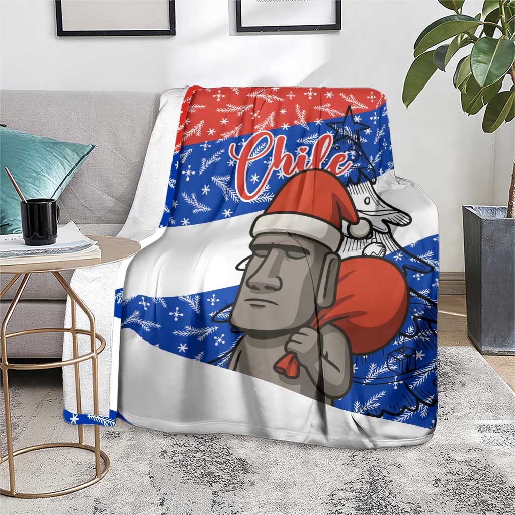 Chile Christmas Blanket with Moai Statues Santa Hats Snowflakes and Flag Colors Design - Wonder Print Shop