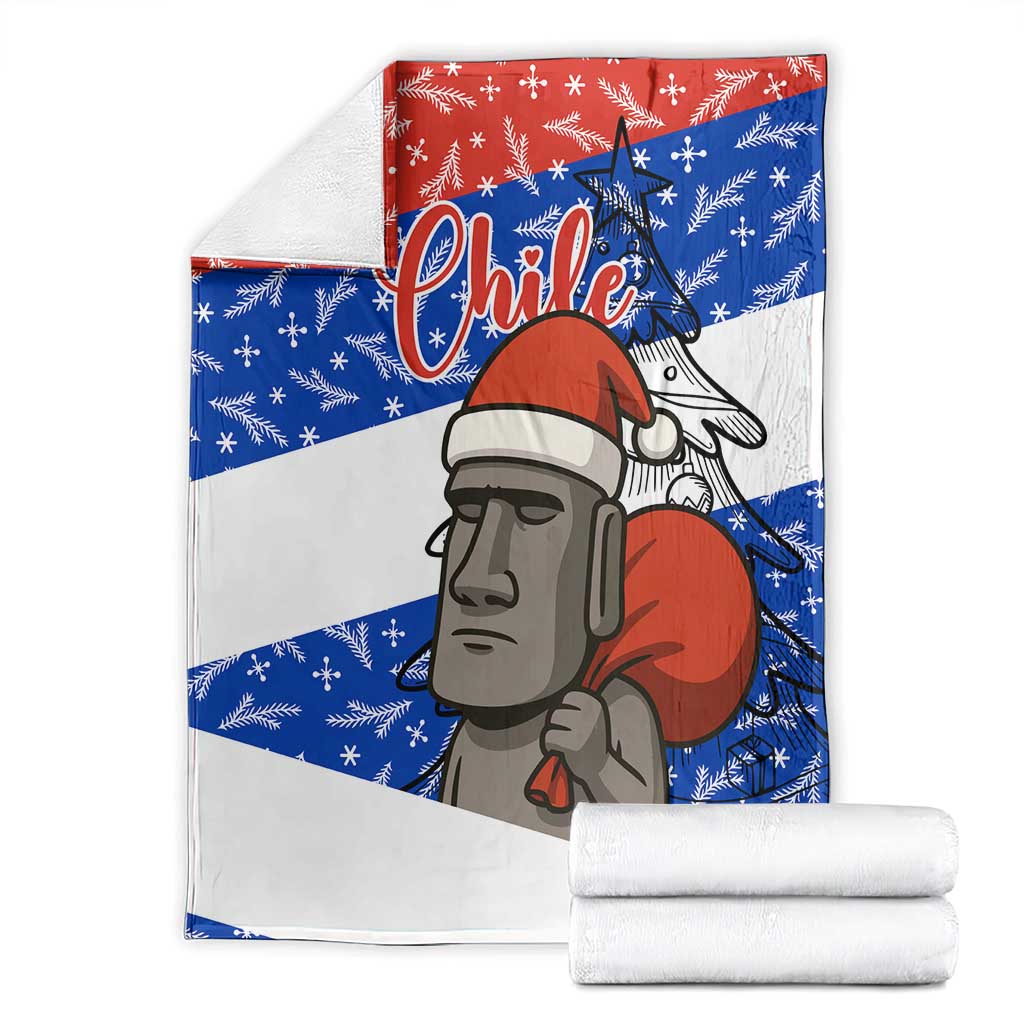 Chile Christmas Blanket with Moai Statues Santa Hats Snowflakes and Flag Colors Design - Wonder Print Shop