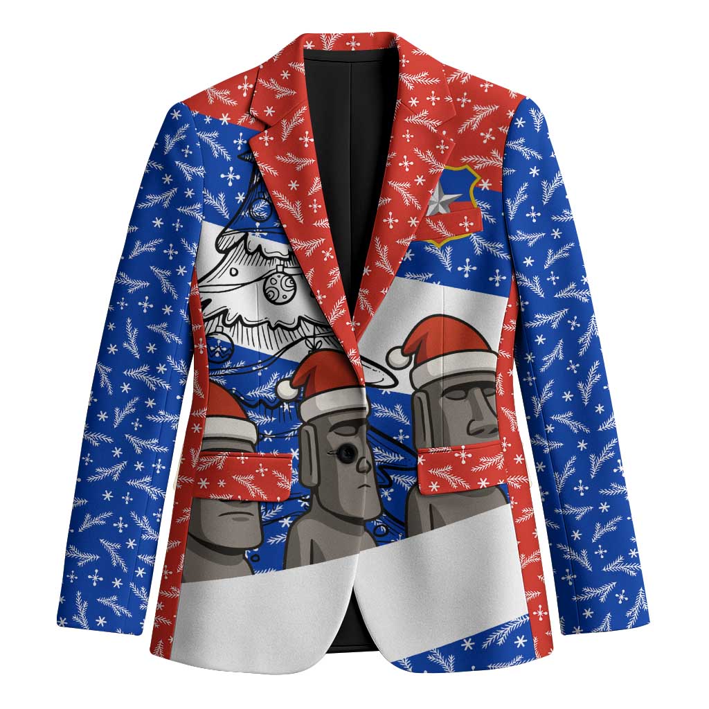 Chile Christmas Blazer with Moai Statues Santa Hats Snowflakes and Flag Colors Design - Wonder Print Shop