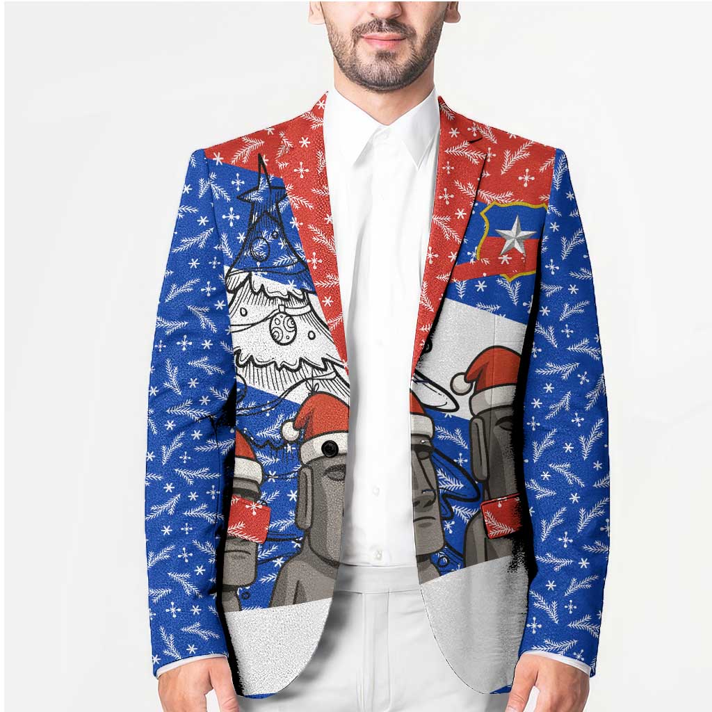Chile Christmas Blazer with Moai Statues Santa Hats Snowflakes and Flag Colors Design - Wonder Print Shop