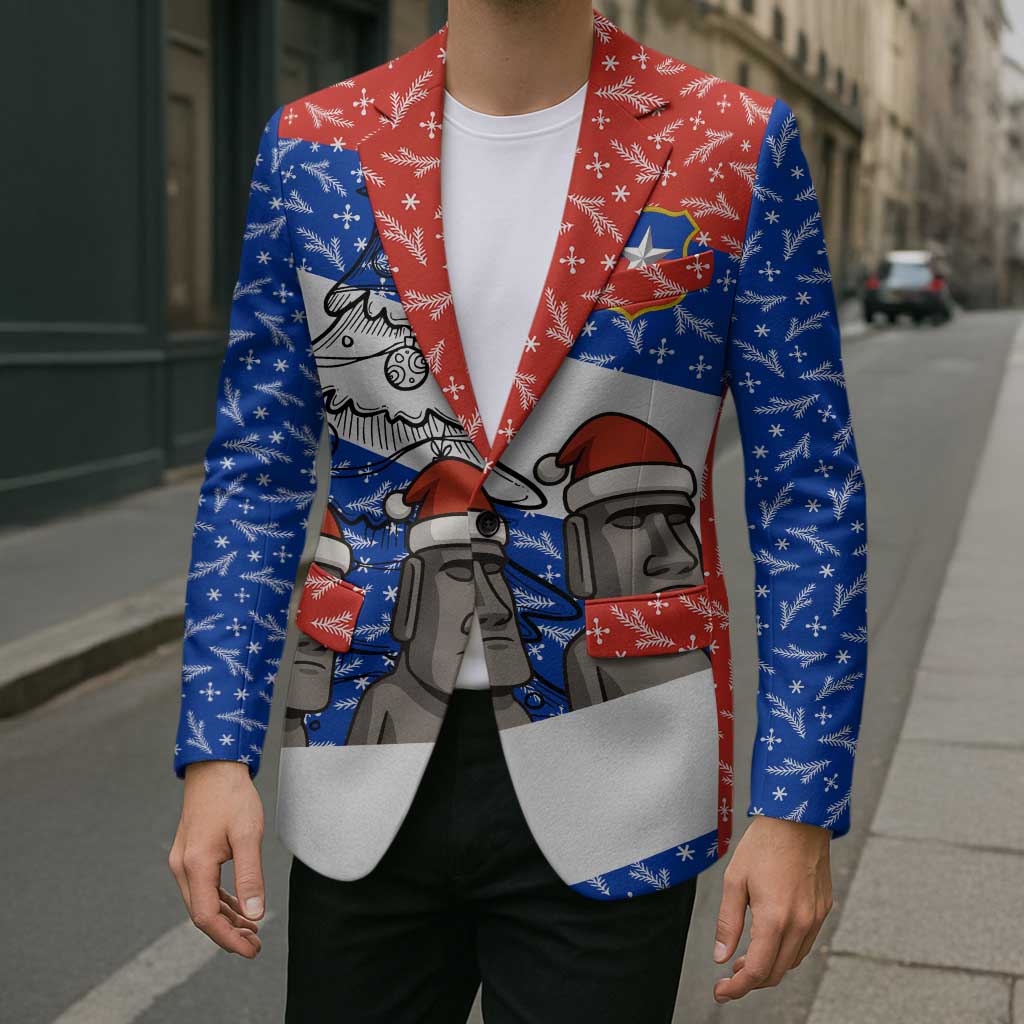 Chile Christmas Blazer with Moai Statues Santa Hats Snowflakes and Flag Colors Design - Wonder Print Shop