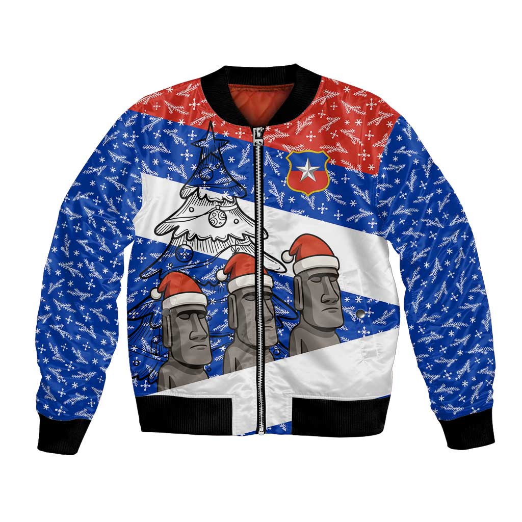 Chile Christmas Bomber Jacket with Moai Statues Santa Hats Snowflakes and Flag Colors Design - Wonder Print Shop