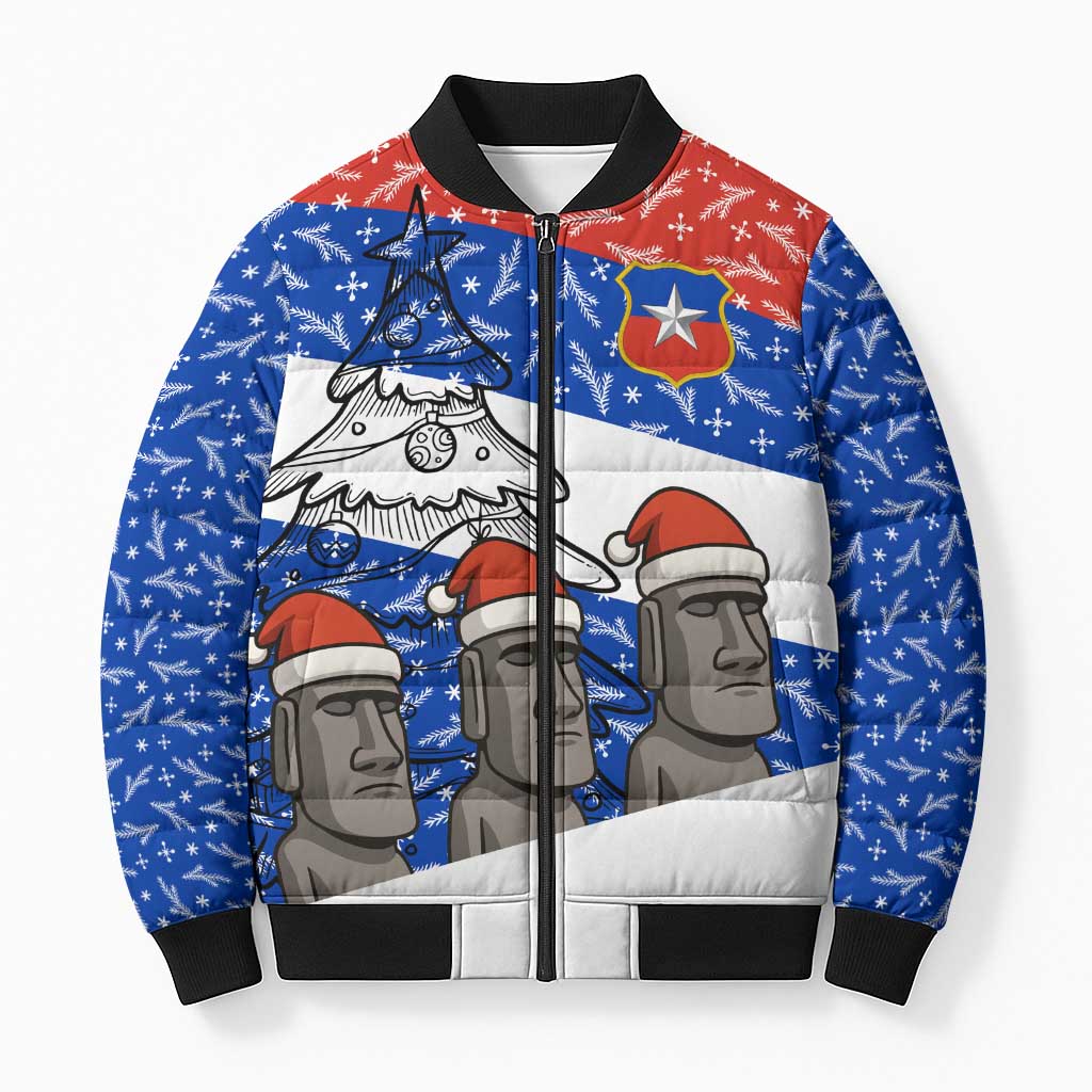 Chile Christmas Bomber Puffer Jacket with Moai Statues Santa Hats Snowflakes and Flag Colors Design - Wonder Print Shop