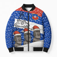 Chile Christmas Bomber Puffer Jacket with Moai Statues Santa Hats Snowflakes and Flag Colors Design - Wonder Print Shop