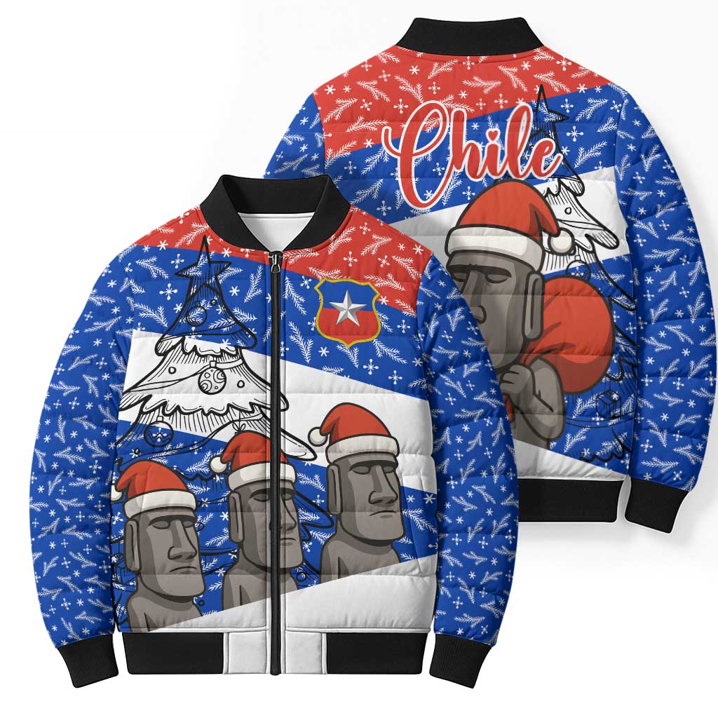 Chile Christmas Bomber Puffer Jacket with Moai Statues Santa Hats Snowflakes and Flag Colors Design - Wonder Print Shop