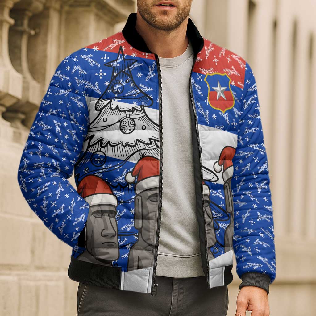 Chile Christmas Bomber Puffer Jacket with Moai Statues Santa Hats Snowflakes and Flag Colors Design - Wonder Print Shop