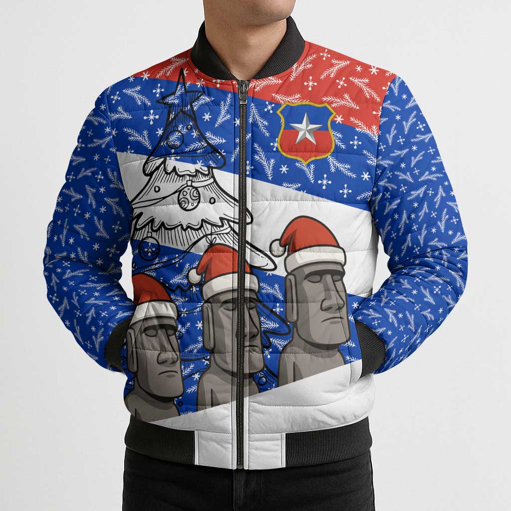 Chile Christmas Bomber Puffer Jacket with Moai Statues Santa Hats Snowflakes and Flag Colors Design - Wonder Print Shop