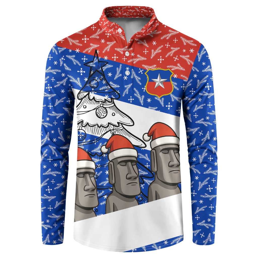 Chile Christmas Button Sweatshirt with Moai Statues Santa Hats Snowflakes and Flag Colors Design - Wonder Print Shop