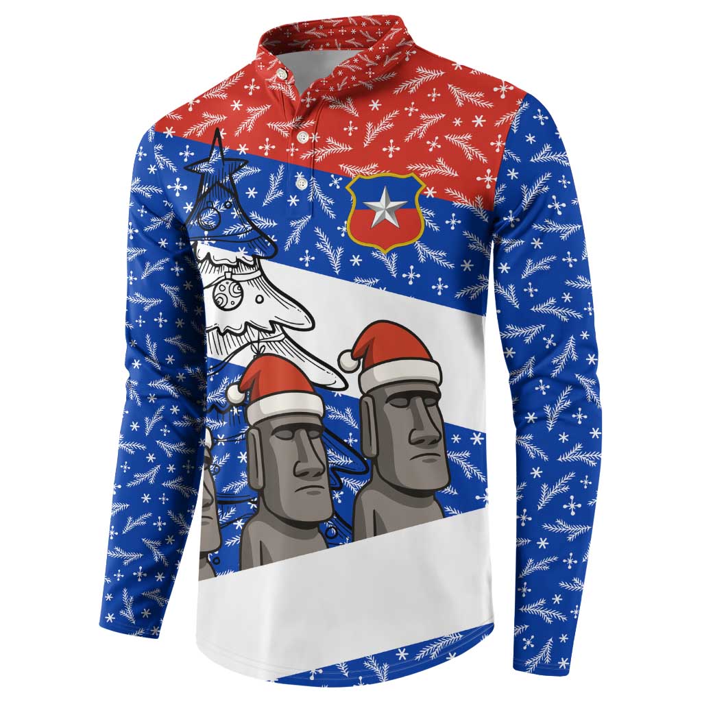 Chile Christmas Button Sweatshirt with Moai Statues Santa Hats Snowflakes and Flag Colors Design - Wonder Print Shop