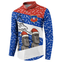 Chile Christmas Button Sweatshirt with Moai Statues Santa Hats Snowflakes and Flag Colors Design - Wonder Print Shop