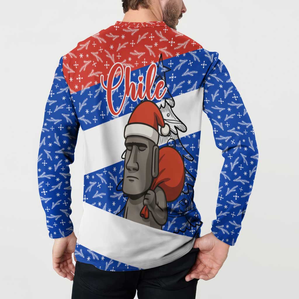 Chile Christmas Button Sweatshirt with Moai Statues Santa Hats Snowflakes and Flag Colors Design - Wonder Print Shop