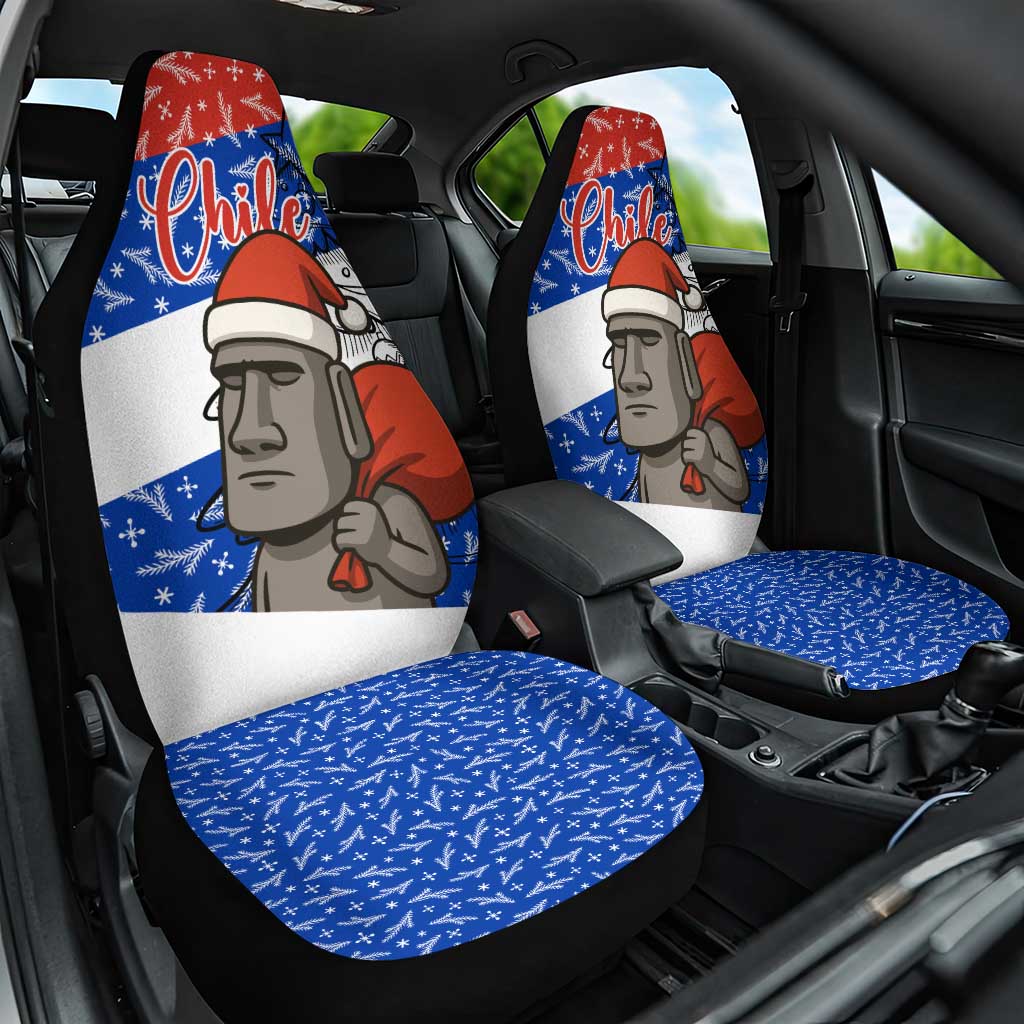 Chile Christmas Car Seat Cover with Moai Statues Santa Hats Snowflakes and Flag Colors Design - Wonder Print Shop