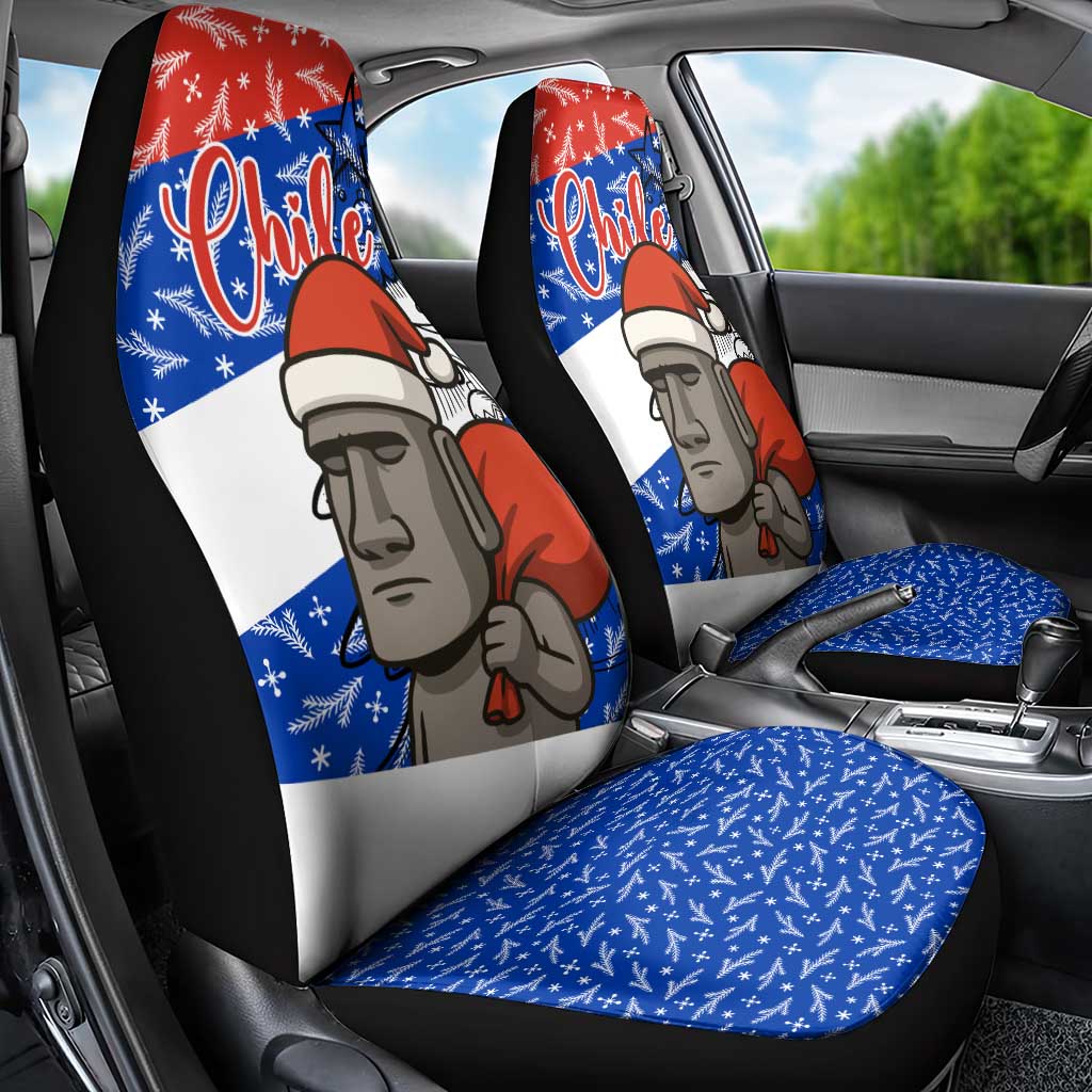 Chile Christmas Car Seat Cover with Moai Statues Santa Hats Snowflakes and Flag Colors Design - Wonder Print Shop