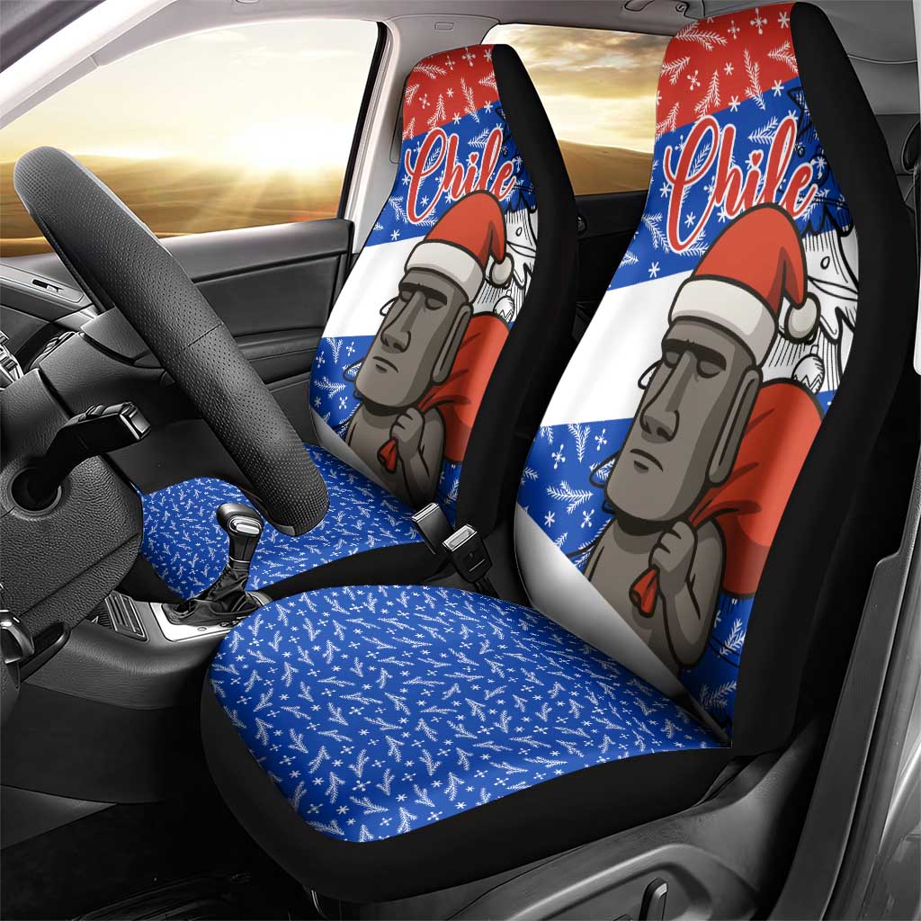 Chile Christmas Car Seat Cover with Moai Statues Santa Hats Snowflakes and Flag Colors Design - Wonder Print Shop