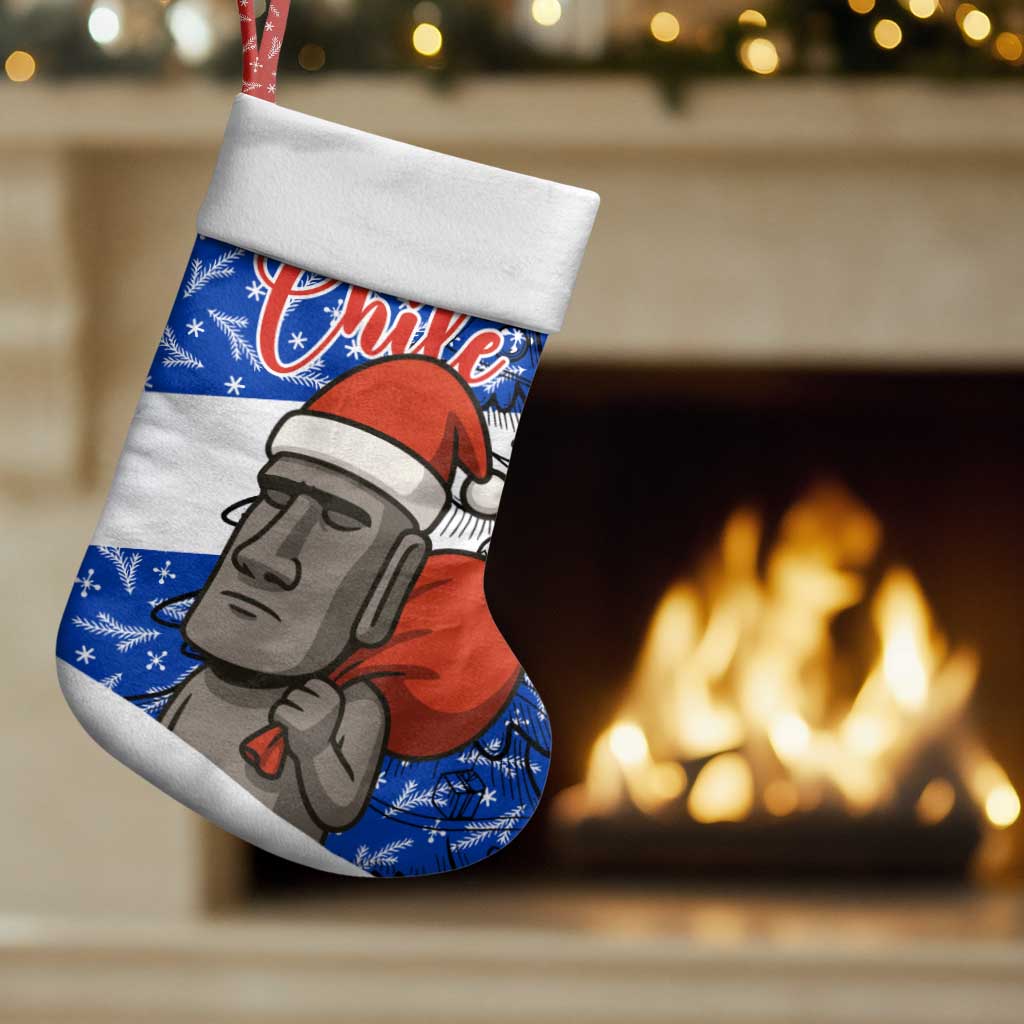 Chile Christmas Stocking with Moai Statues Santa Hats Snowflakes and Flag Colors Design - Wonder Print Shop