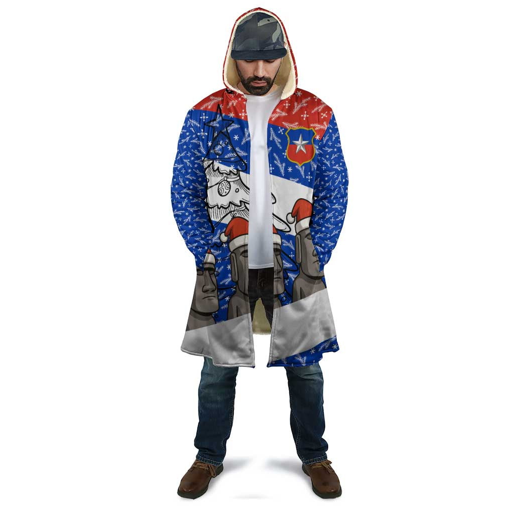 Chile Christmas Cloak with Moai Statues Santa Hats Snowflakes and Flag Colors Design - Wonder Print Shop