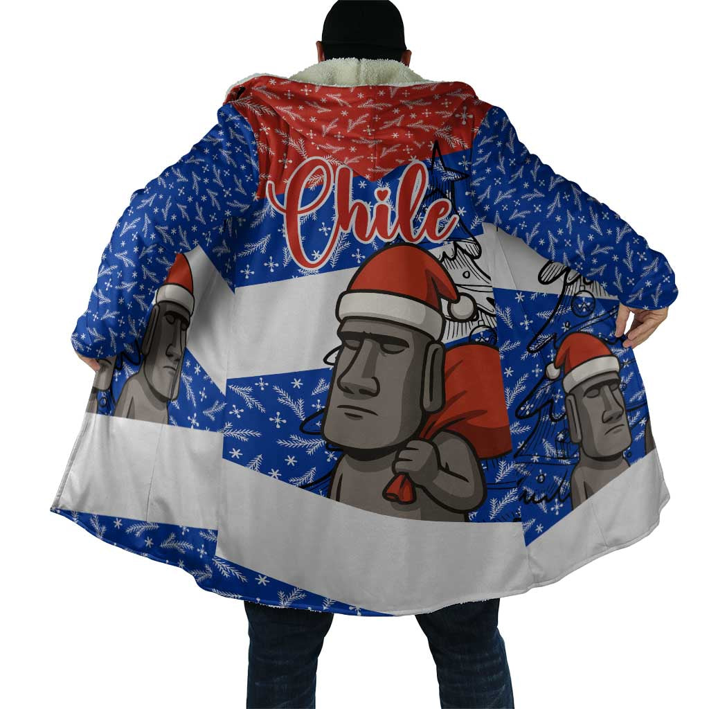 Chile Christmas Cloak with Moai Statues Santa Hats Snowflakes and Flag Colors Design - Wonder Print Shop