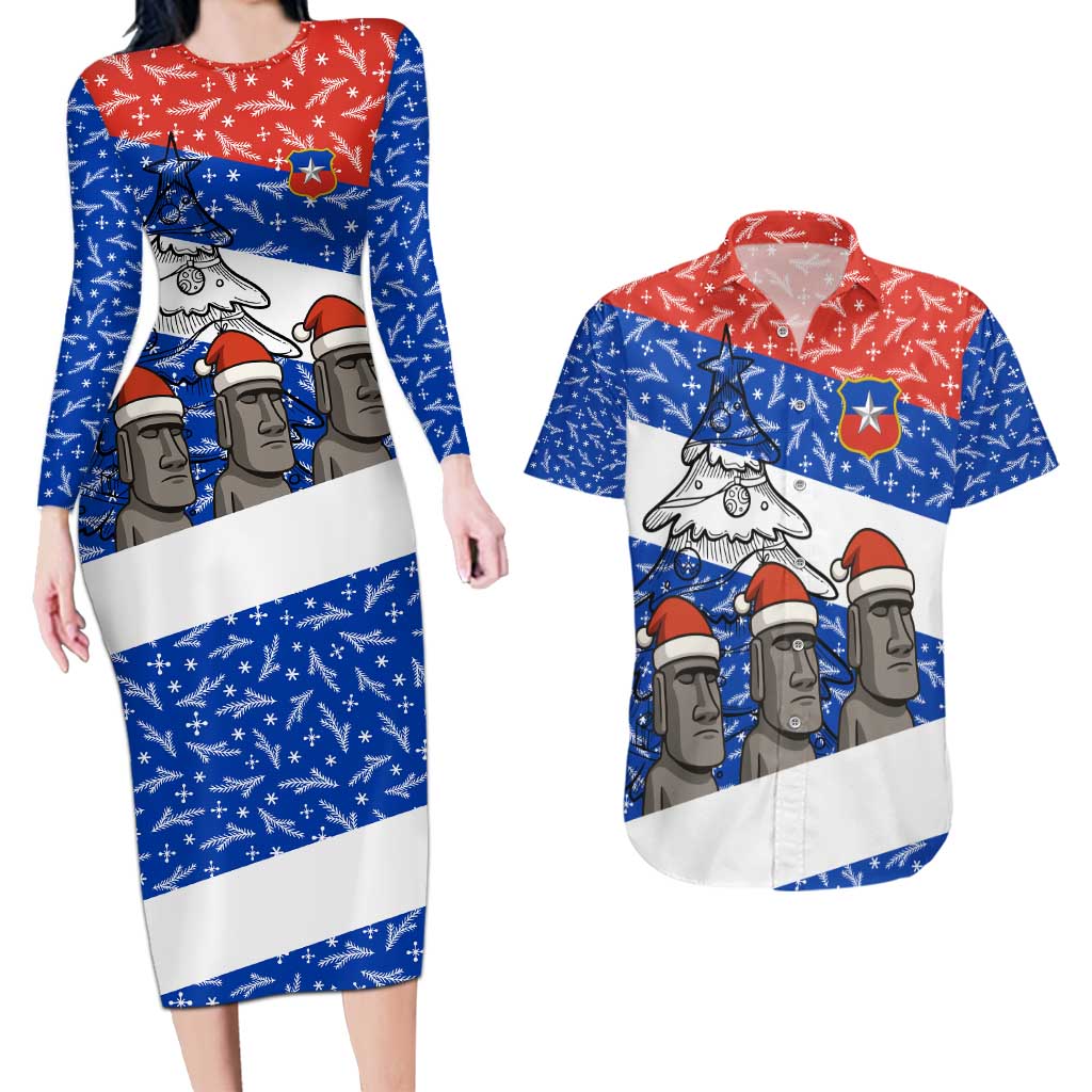 Chile Christmas Couples Matching Long Sleeve Bodycon Dress and Hawaiian Shirt with Moai Statues Santa Hats Snowflakes and Flag Colors Design - Wonder Print Shop
