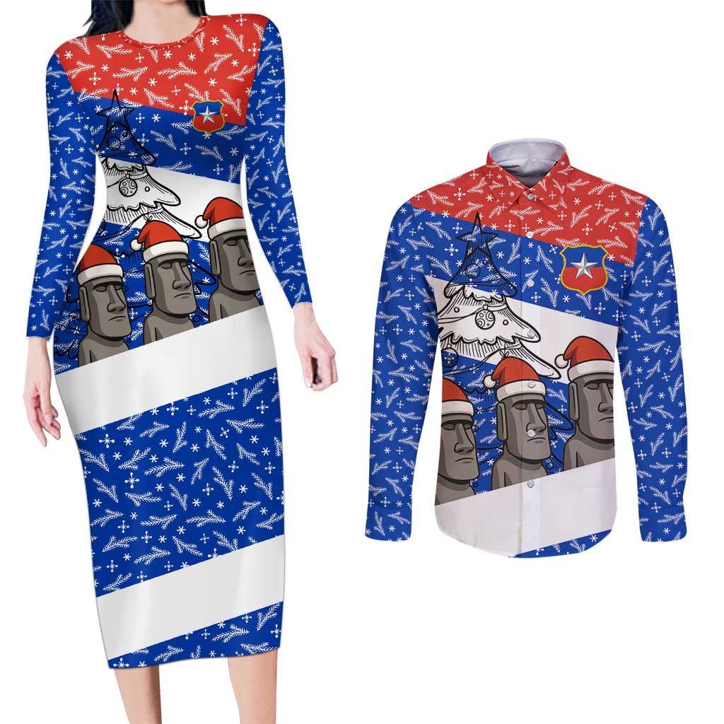 Chile Christmas Couples Matching Long Sleeve Bodycon Dress and Long Sleeve Button Shirt with Moai Statues Santa Hats Snowflakes and Flag Colors Design - Wonder Print Shop