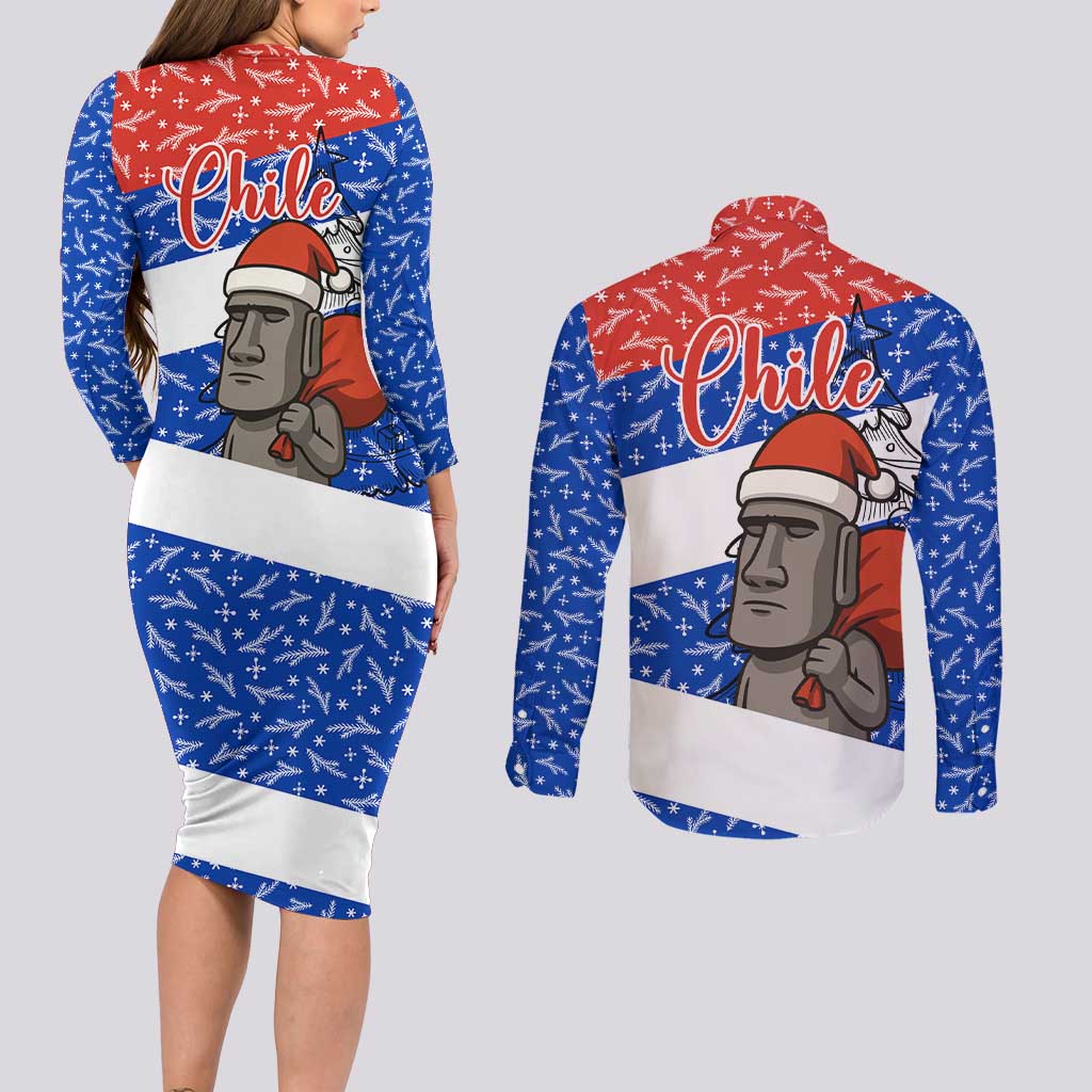 Chile Christmas Couples Matching Long Sleeve Bodycon Dress and Long Sleeve Button Shirt with Moai Statues Santa Hats Snowflakes and Flag Colors Design - Wonder Print Shop