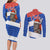 Chile Christmas Couples Matching Long Sleeve Bodycon Dress and Long Sleeve Button Shirt with Moai Statues Santa Hats Snowflakes and Flag Colors Design - Wonder Print Shop