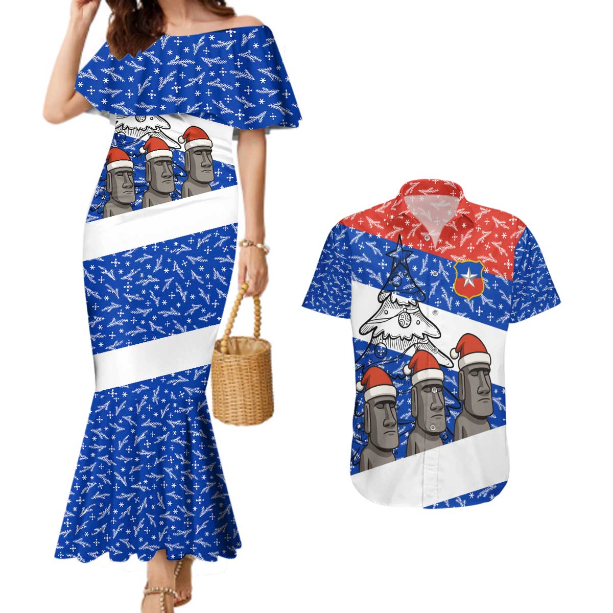 Chile Christmas Couples Matching Mermaid Dress and Hawaiian Shirt with Moai Statues Santa Hats Snowflakes and Flag Colors Design - Wonder Print Shop